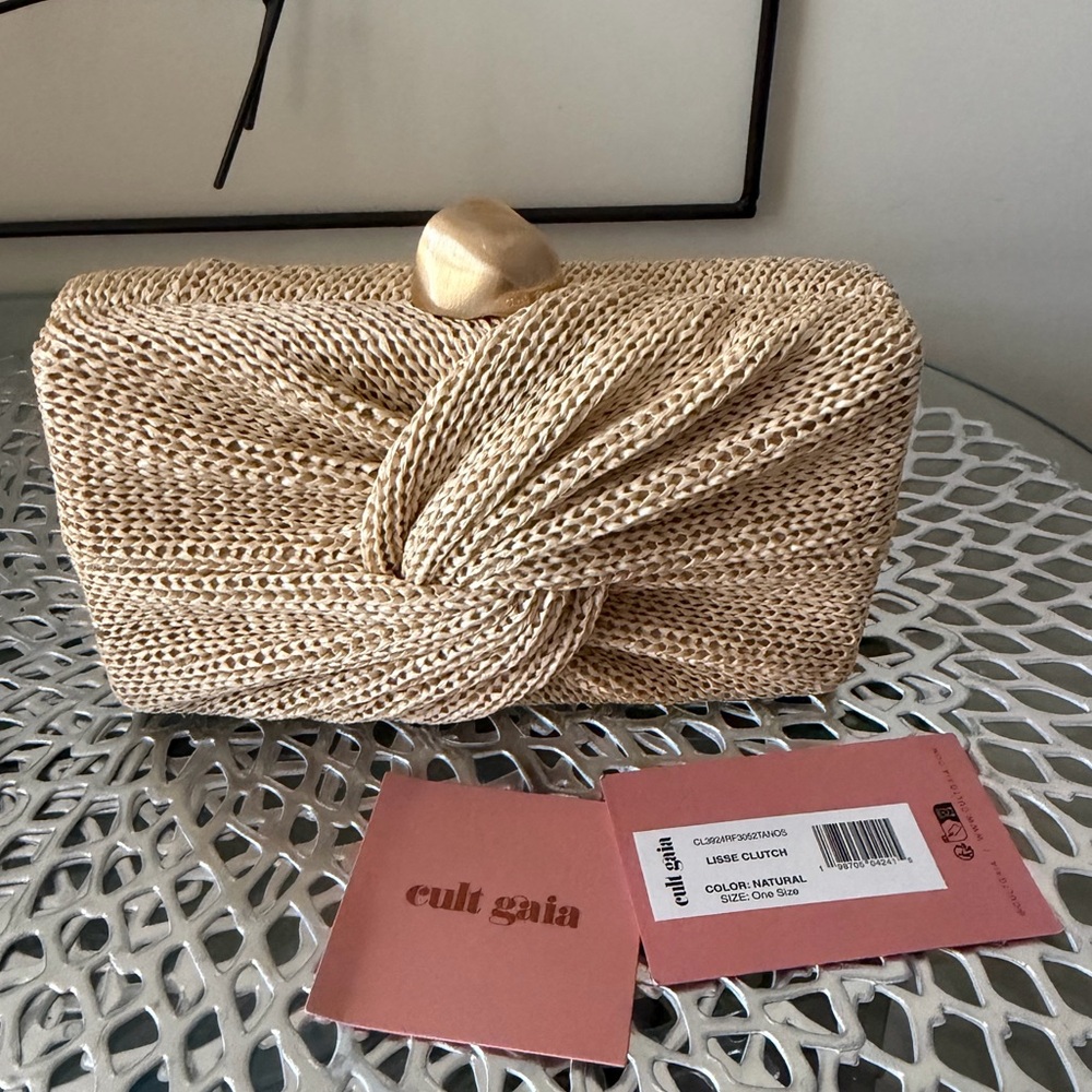 Cult Gaia Lisse Knotted Raffia Clutch Bag with Gold Closure NWT - Picture 9 of 13
